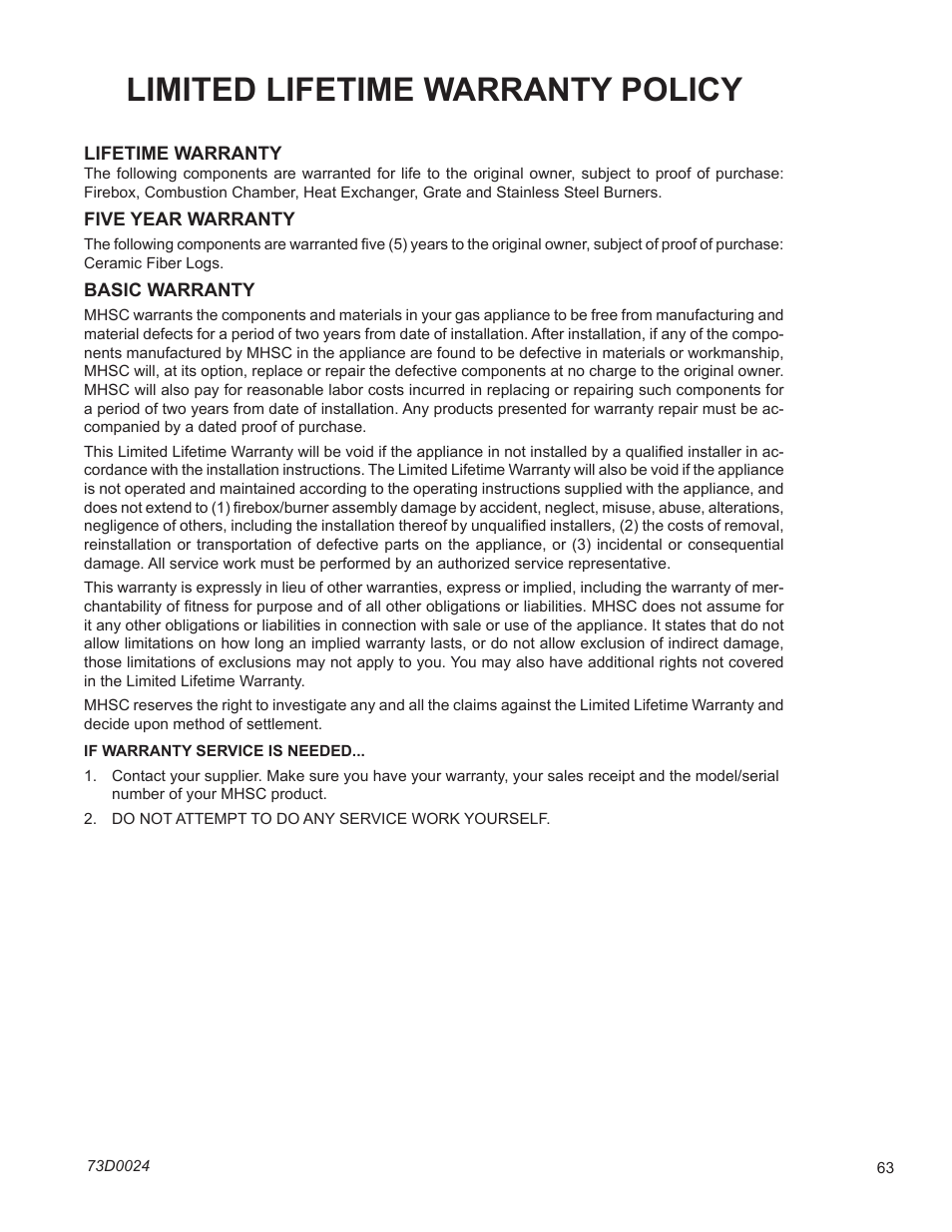 Limited lifetime warranty policy | Monessen Hearth DIRECT VENT GAS FIREPLACE KHLDV400 User Manual | Page 63 / 64