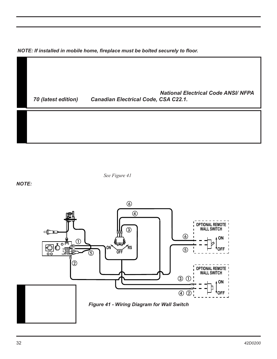 Electrical installation, Warning, Caution | Remote wall mounted switch | Monessen Hearth 6000DV User Manual | Page 32 / 52