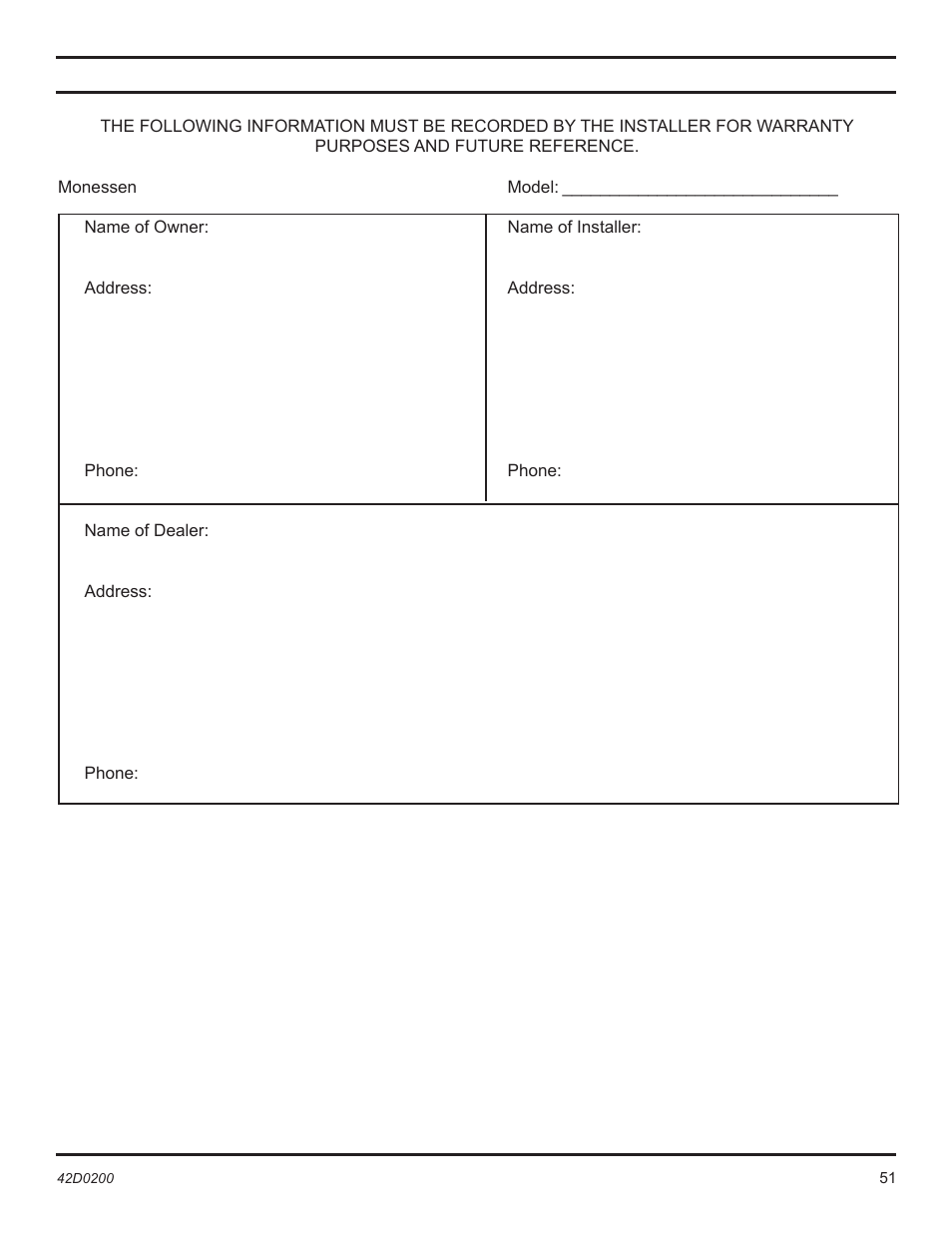 Installation records | Monessen Hearth 6000DV User Manual | Page 51 / 52