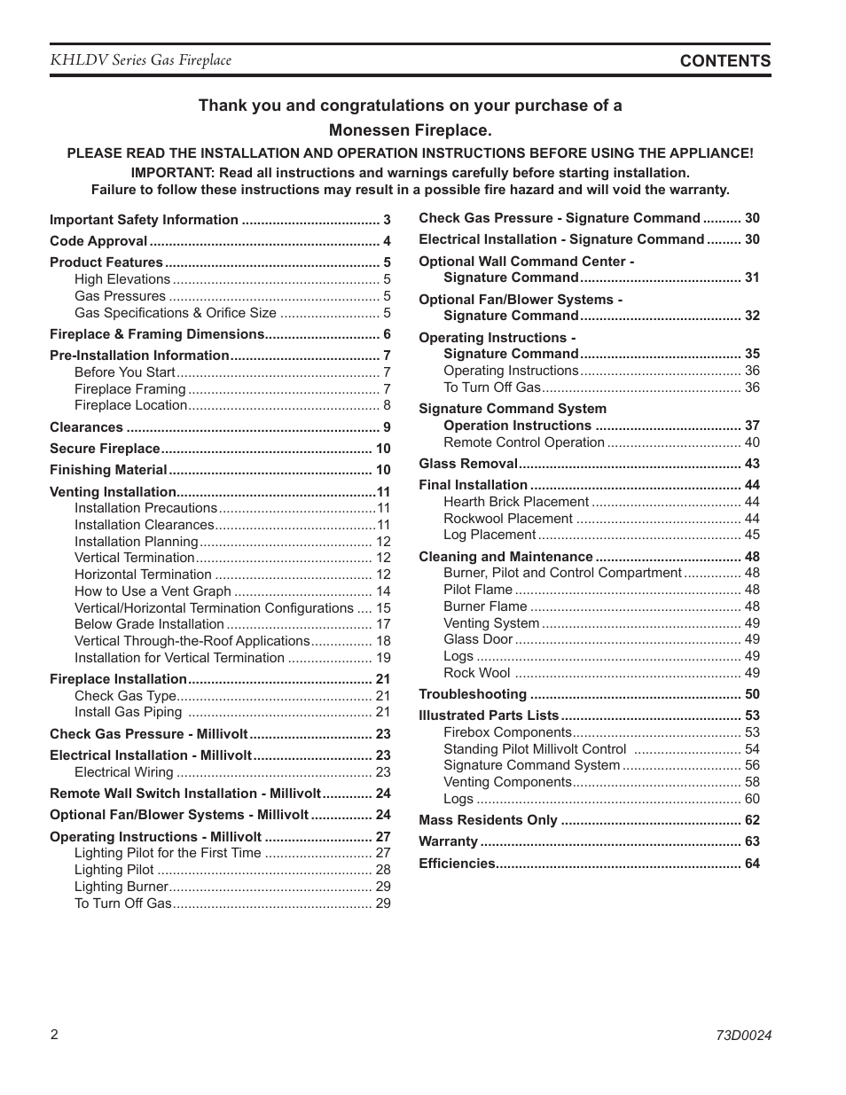 Monessen Hearth KHLDV400 User Manual | Page 2 / 64