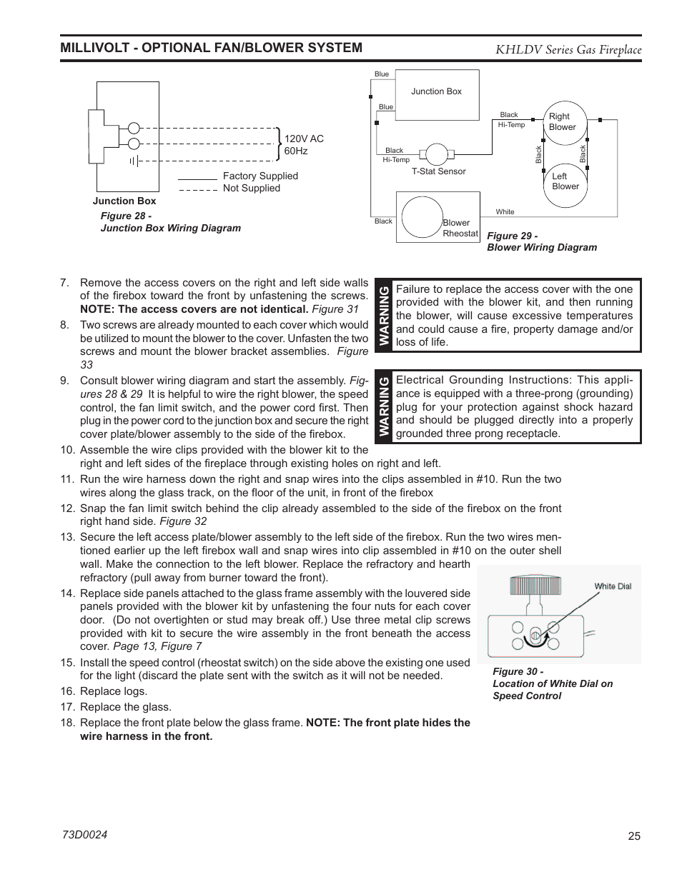 Khldv series gas fireplace, Millivolt - optional fan/blower system | Monessen Hearth KHLDV400 User Manual | Page 25 / 64
