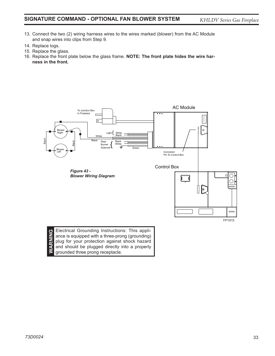Khldv series gas fireplace, Signature command - optional fan blower system, Wa rn in g | Monessen Hearth KHLDV400 User Manual | Page 33 / 64