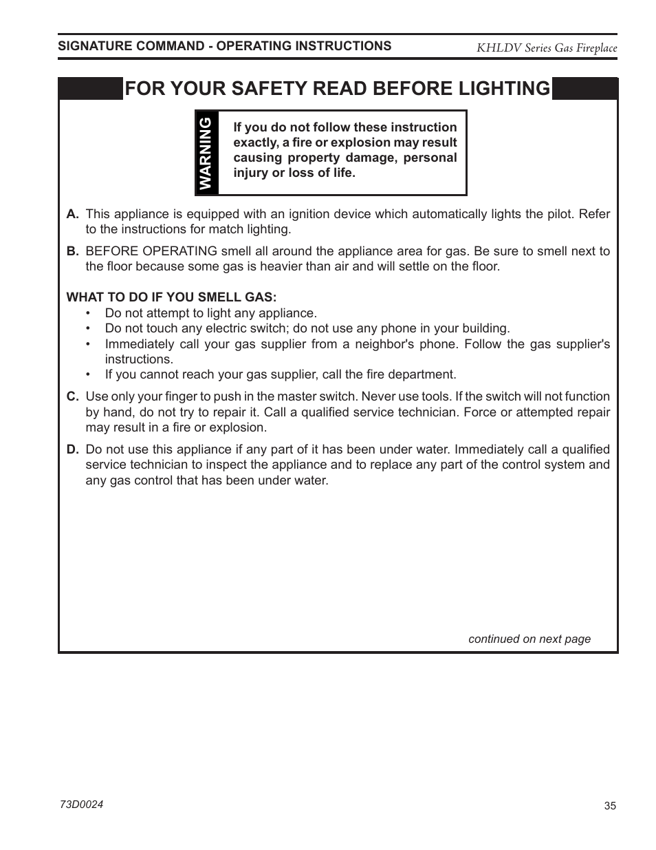 For your safety read before lighting | Monessen Hearth KHLDV400 User Manual | Page 35 / 64