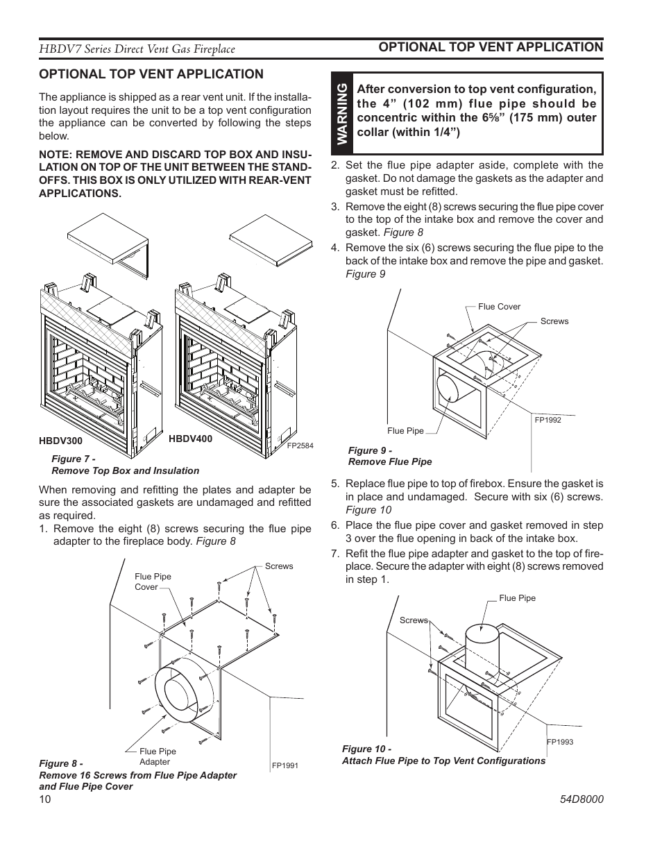 Hbdv7 series direct vent gas fireplace, Optional top vent application, Warning | Monessen Hearth HBDV400N/PSC7 User Manual | Page 10 / 64