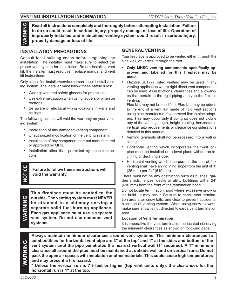 Warning | Monessen Hearth HBDV400N/PSC7 User Manual | Page 11 / 64
