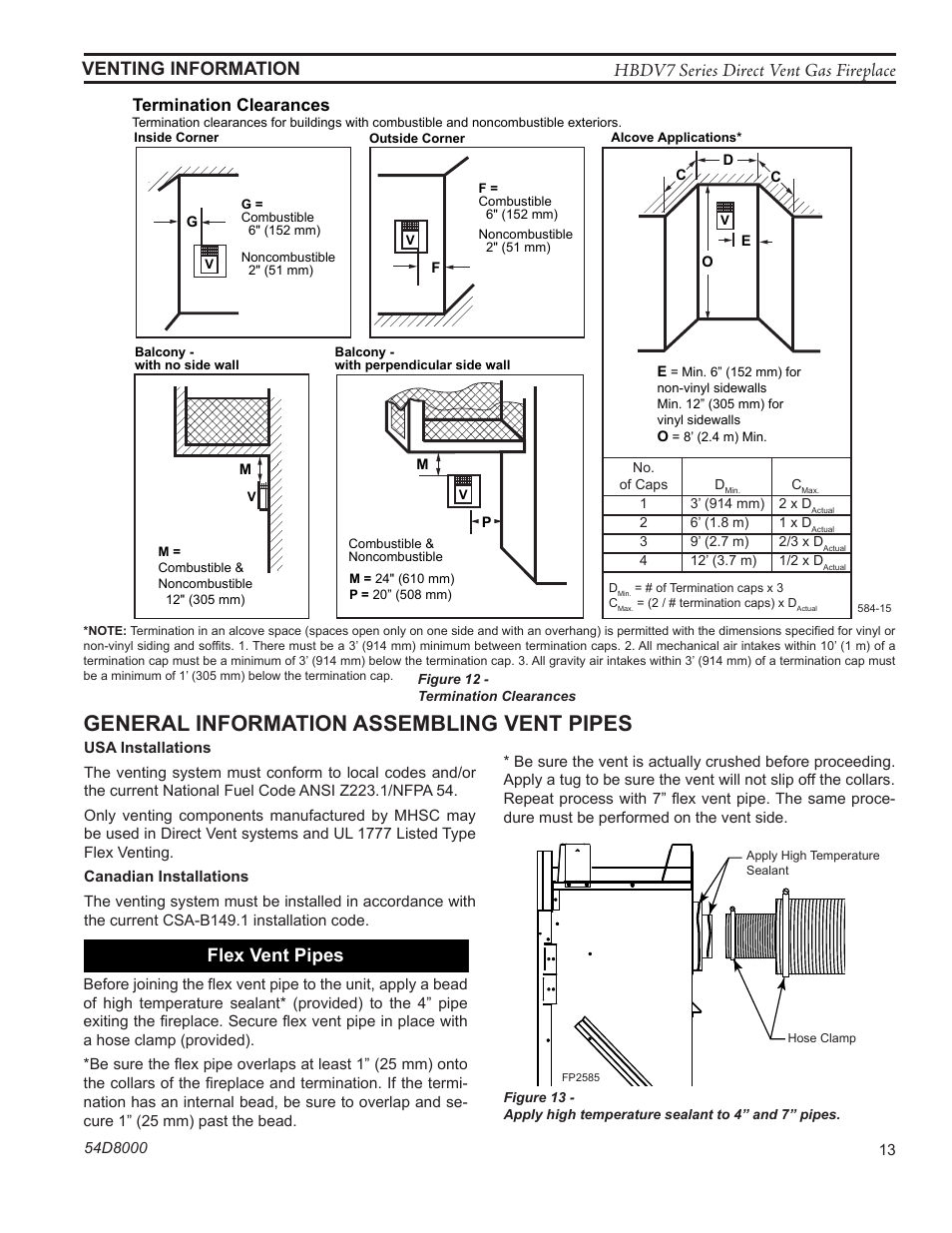 General information assembling vent pipes, Fp2585 flex vent, Hbdv7 series direct vent gas fireplace | Venting information, Flex vent pipes, Termination clearances | Monessen Hearth HBDV400N/PSC7 User Manual | Page 13 / 64