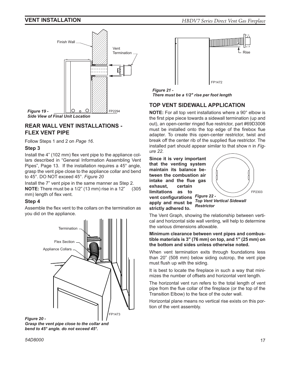 Hbdv7 series direct vent gas fireplace, Vent installation, Rear wall vent installations - flex vent pipe | Top vent sidewall application | Monessen Hearth HBDV400N/PSC7 User Manual | Page 17 / 64