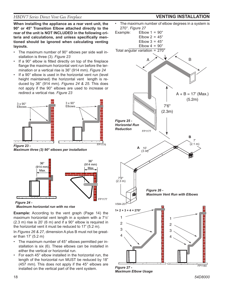 Hbdv7 series direct vent gas fireplace, Venting installation, Fp1177 max horizontal run | Monessen Hearth HBDV400N/PSC7 User Manual | Page 18 / 64
