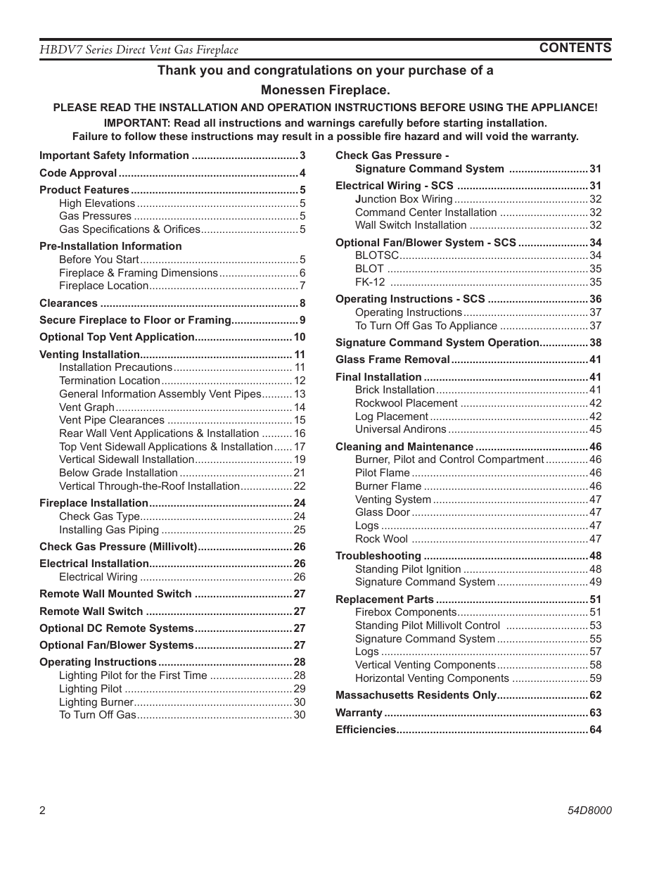 Monessen Hearth HBDV400N/PSC7 User Manual | Page 2 / 64