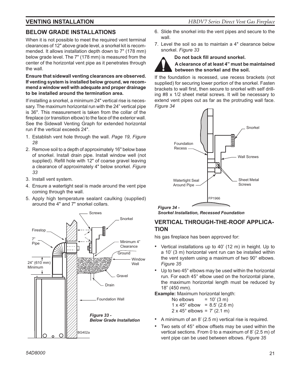 Fp1966 snorkel, Hbdv7 series direct vent gas fireplace, Venting installation | Below grade installations, Vertical through-the-roof applica- tion | Monessen Hearth HBDV400N/PSC7 User Manual | Page 21 / 64