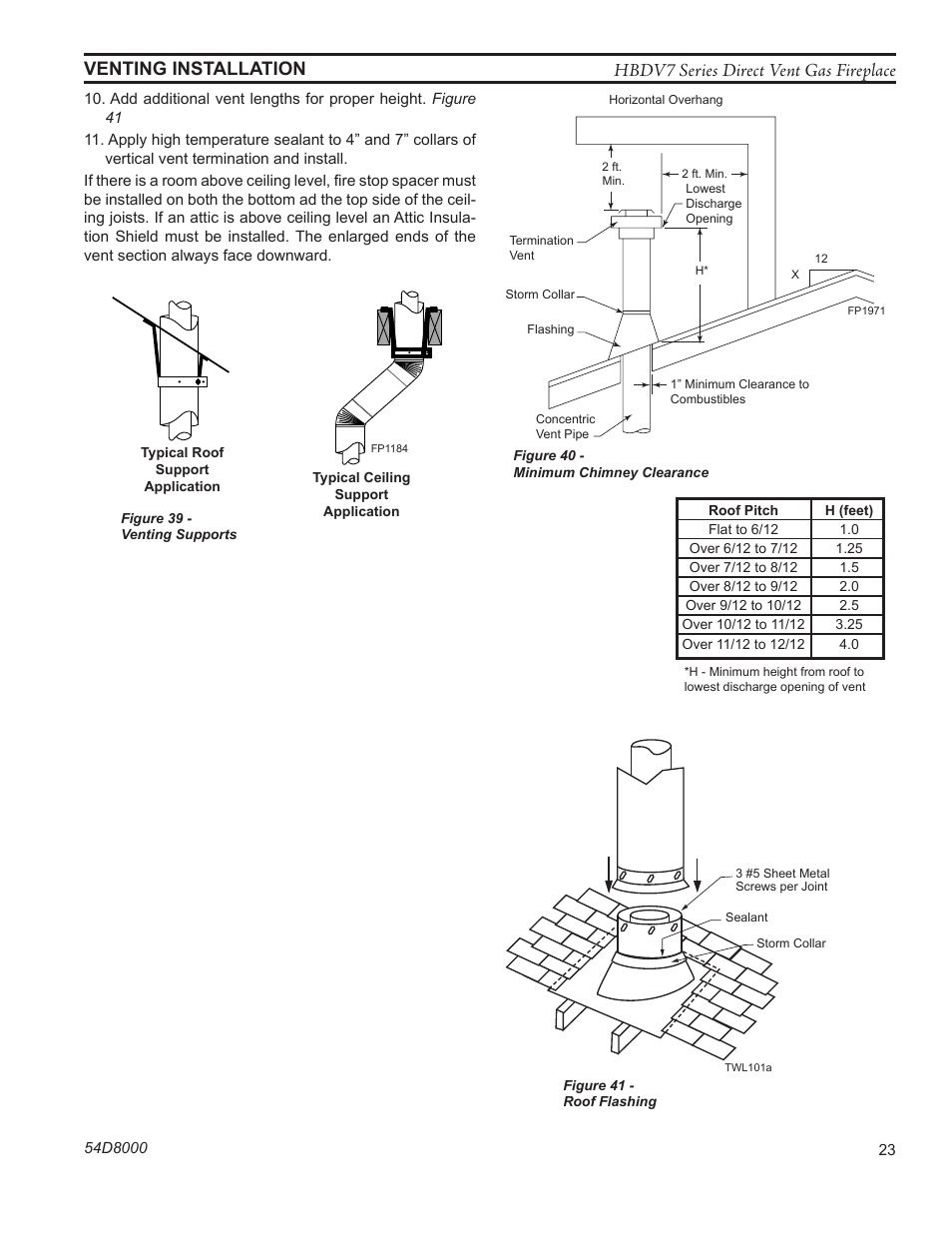 Fp1184 typical roof/ceiling support apps, Hbdv7 series direct vent gas fireplace, Venting installation | Monessen Hearth HBDV400N/PSC7 User Manual | Page 23 / 64