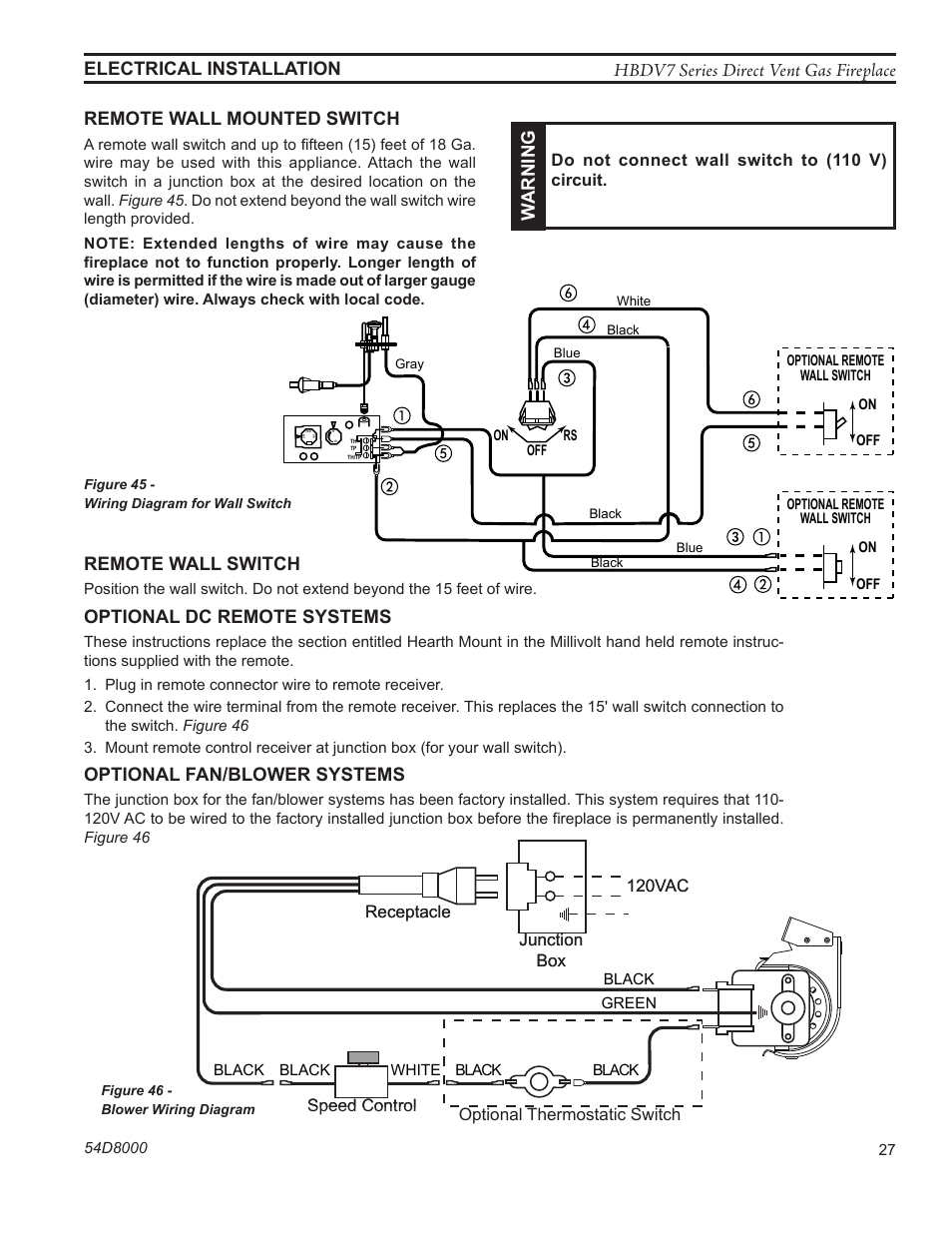 Hbdv7 series direct vent gas fireplace, Electrical installation remote wall mounted switch, Warning | Remote wall switch, Optional dc remote systems, Optional fan/blower systems, Fp2101 bdv blower wiring | Monessen Hearth HBDV400N/PSC7 User Manual | Page 27 / 64