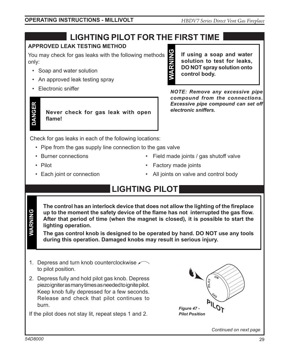 Lighting pilot, Lighting pilot for the first time, Pilot | Warning | Monessen Hearth HBDV400N/PSC7 User Manual | Page 29 / 64