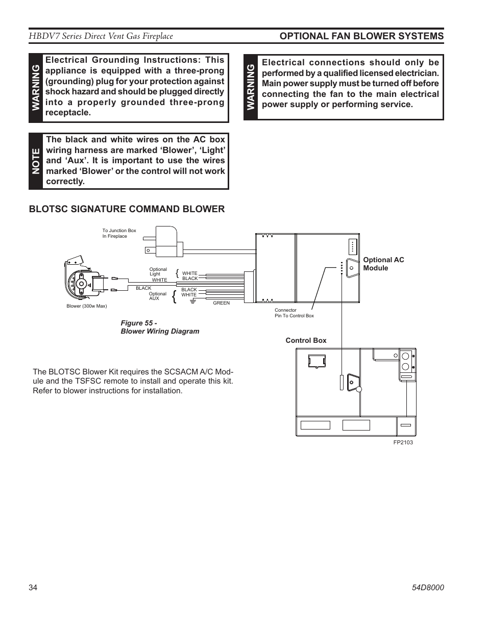 Hbdv7 series direct vent gas fireplace, Fp2103 ac fan wiring, Optional fan blower systems n ote | Warning, Blotsc signature command blower | Monessen Hearth HBDV400N/PSC7 User Manual | Page 34 / 64