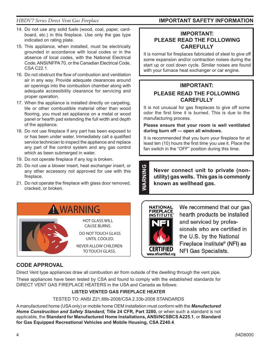 Warning | Monessen Hearth HBDV400N/PSC7 User Manual | Page 4 / 64