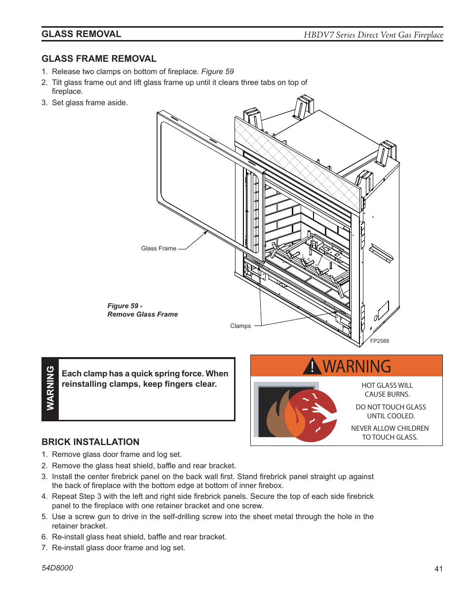 Warning, Fp2588 remove glass frame | Monessen Hearth HBDV400N/PSC7 User Manual | Page 41 / 64