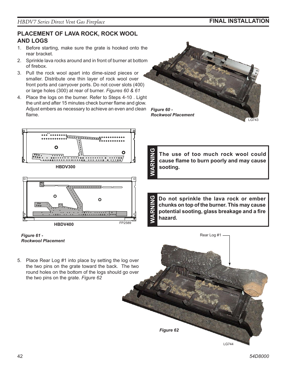 Fp2589 rock wool place, Lg744 hbdv log 1 | Monessen Hearth HBDV400N/PSC7 User Manual | Page 42 / 64