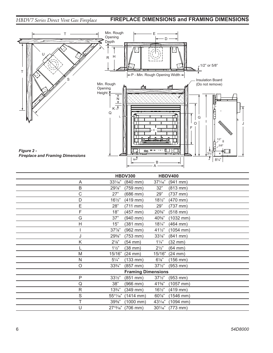 Hbdv7 series direct vent gas fireplace, Fireplace dimensions and framing dimensions | Monessen Hearth HBDV400N/PSC7 User Manual | Page 6 / 64