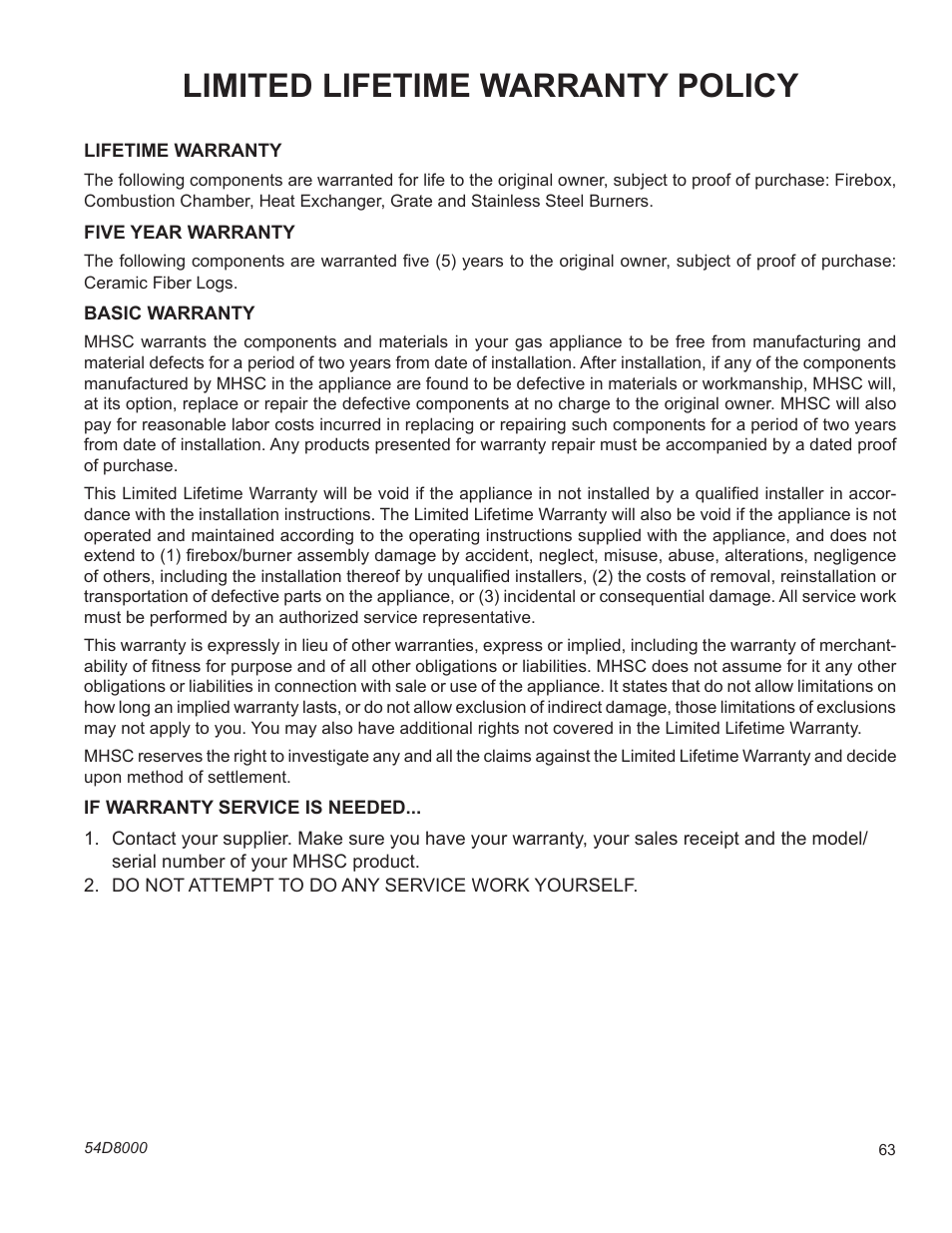 Limited lifetime warranty policy | Monessen Hearth HBDV400N/PSC7 User Manual | Page 63 / 64