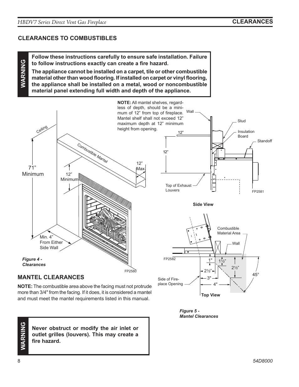 Hbdv7 series direct vent gas fireplace, Clearances clearances to combustibles w arning, Mantel clearances | Warning | Monessen Hearth HBDV400N/PSC7 User Manual | Page 8 / 64