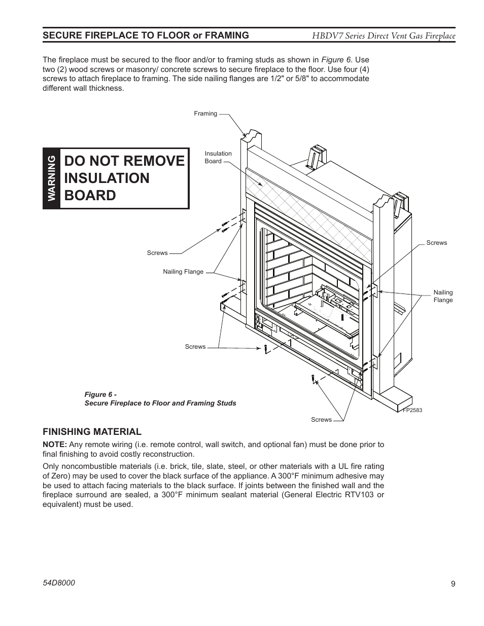 Do not remove insulation board, Fp2583 secure fireplace | Monessen Hearth HBDV400N/PSC7 User Manual | Page 9 / 64