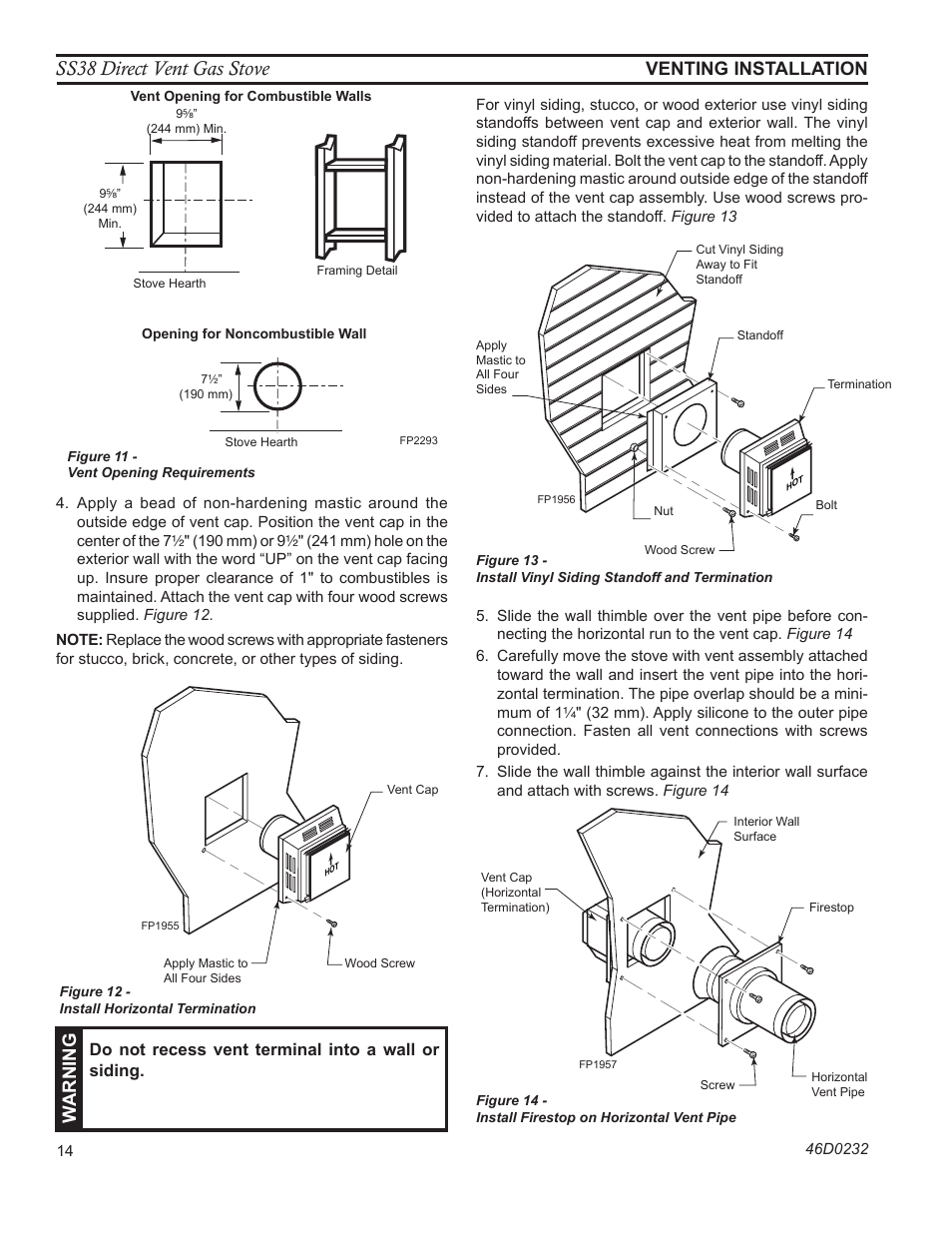 Ss38 direct vent gas stove, Venting installation, Fp1955 horizontal vent cap | Warning, Fp1956 vinyl siding standoff, Fp1957 install firestop, Do not recess vent terminal into a wall or siding | Monessen Hearth SS38 User Manual | Page 14 / 40