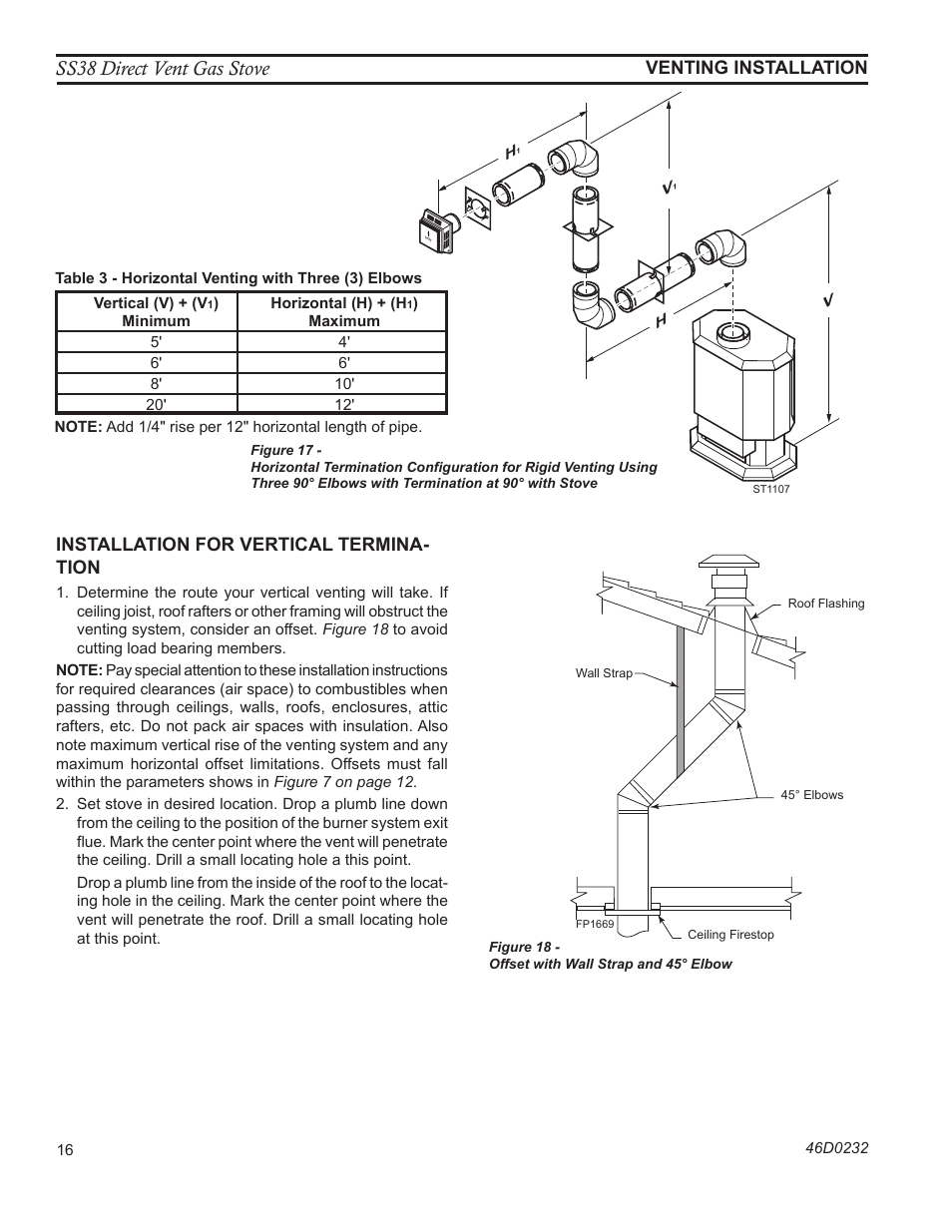 Ss38 direct vent gas stove, Installation for vertical termina- tion, Venting installation | Fp1969 offset w/ wallstrap | Monessen Hearth SS38 User Manual | Page 16 / 40