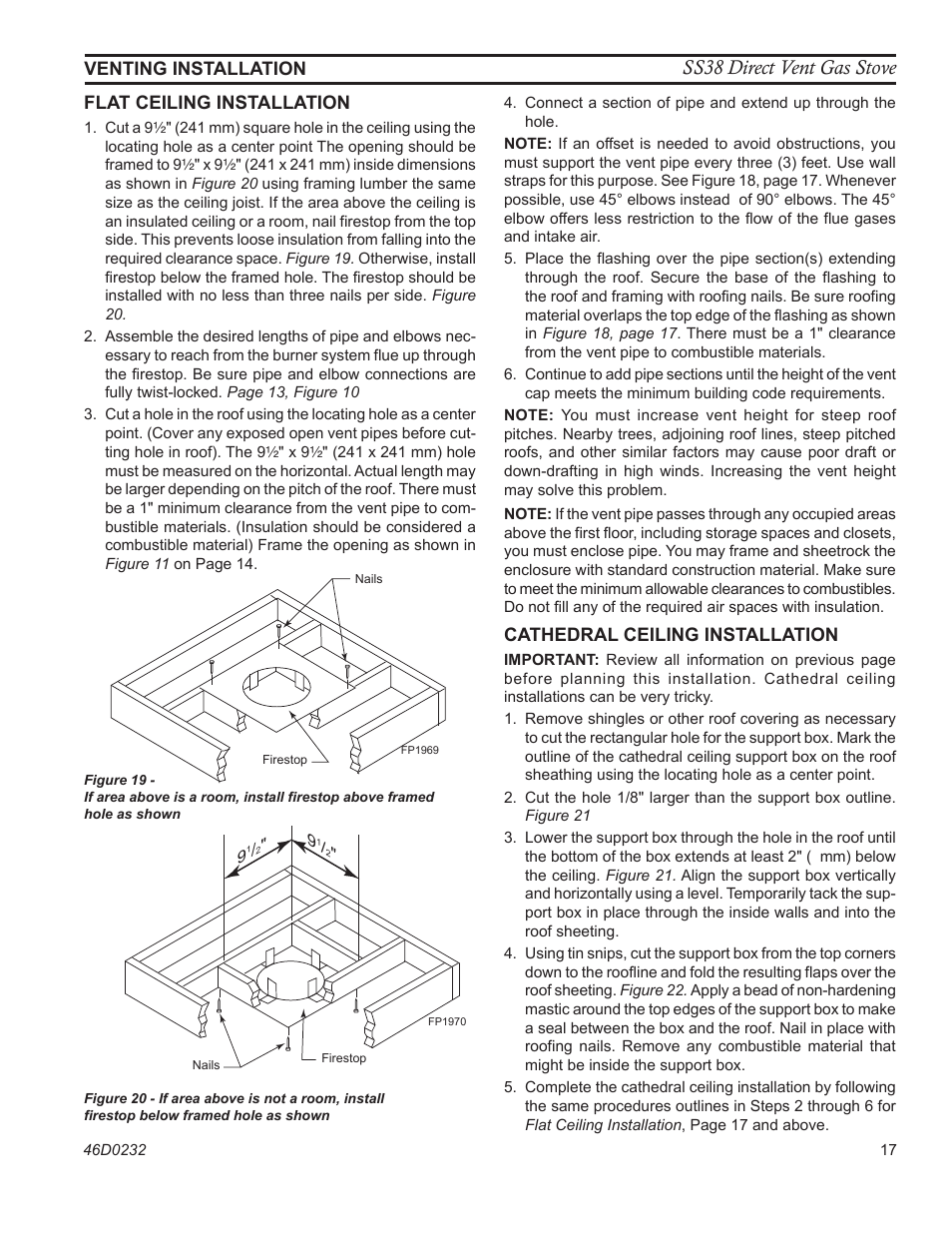Ss38 direct vent gas stove, Venting installation flat ceiling installation, Cathedral ceiling installation | Monessen Hearth SS38 User Manual | Page 17 / 40