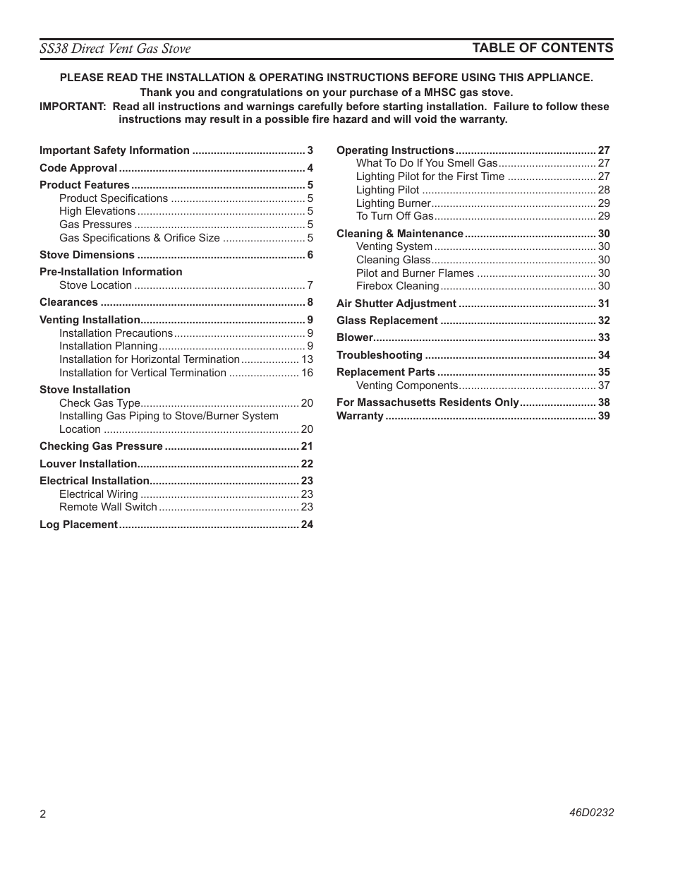 Ss38 direct vent gas stove | Monessen Hearth SS38 User Manual | Page 2 / 40