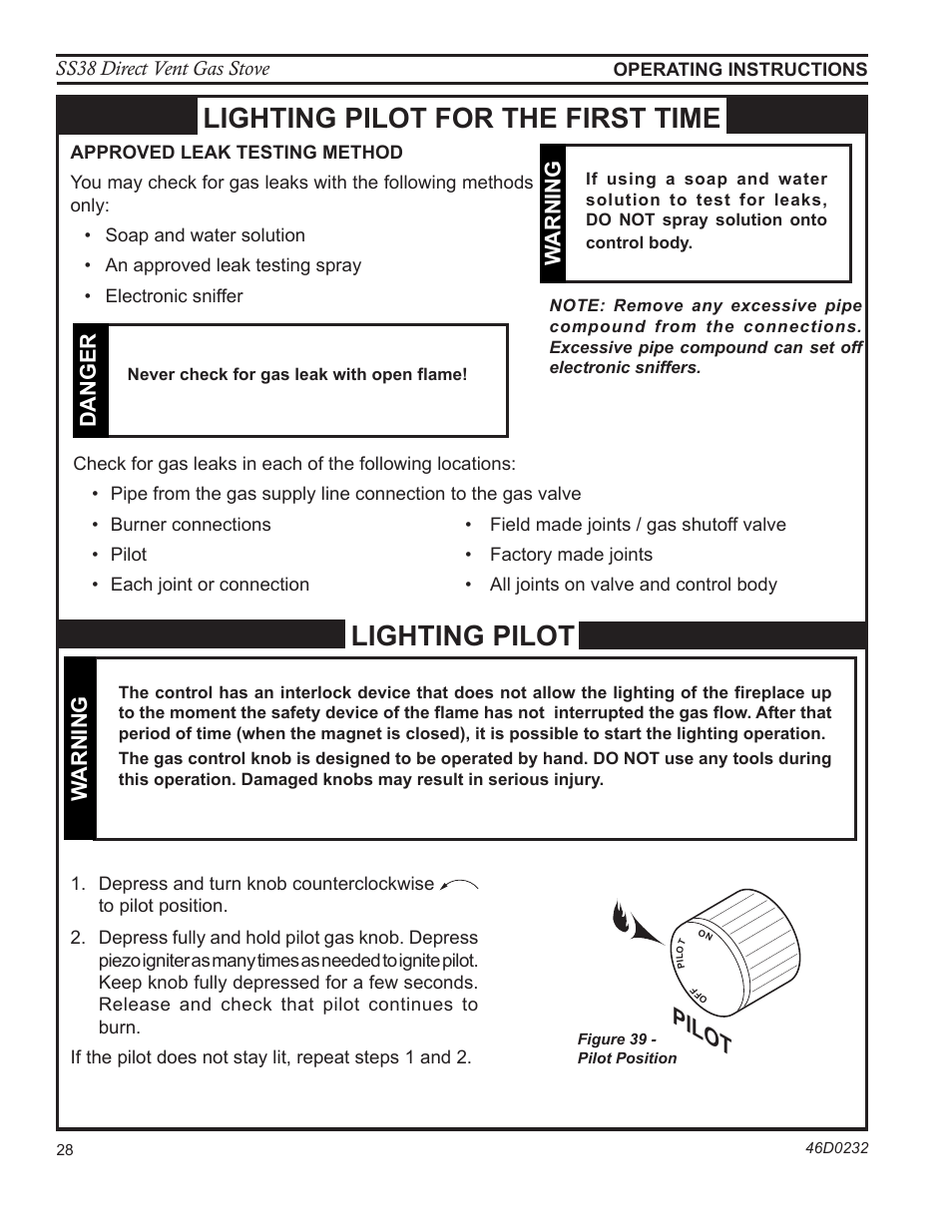 Lighting pilot, Lighting pilot for the first time, Pilot | Warning, Danger | Monessen Hearth SS38 User Manual | Page 28 / 40