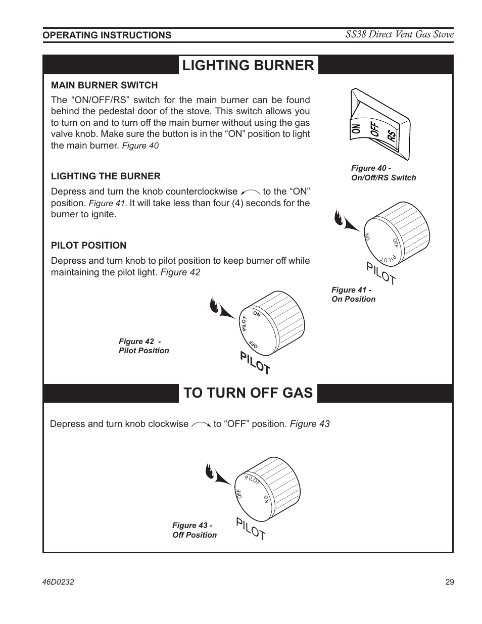 Lighting burner, Pilot, Ss38 direct vent gas stove | Monessen Hearth SS38 User Manual | Page 29 / 40