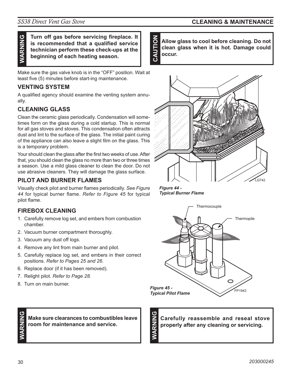Fp1943 pilot flame, Ss38 direct vent gas stove | Monessen Hearth SS38 User Manual | Page 30 / 40