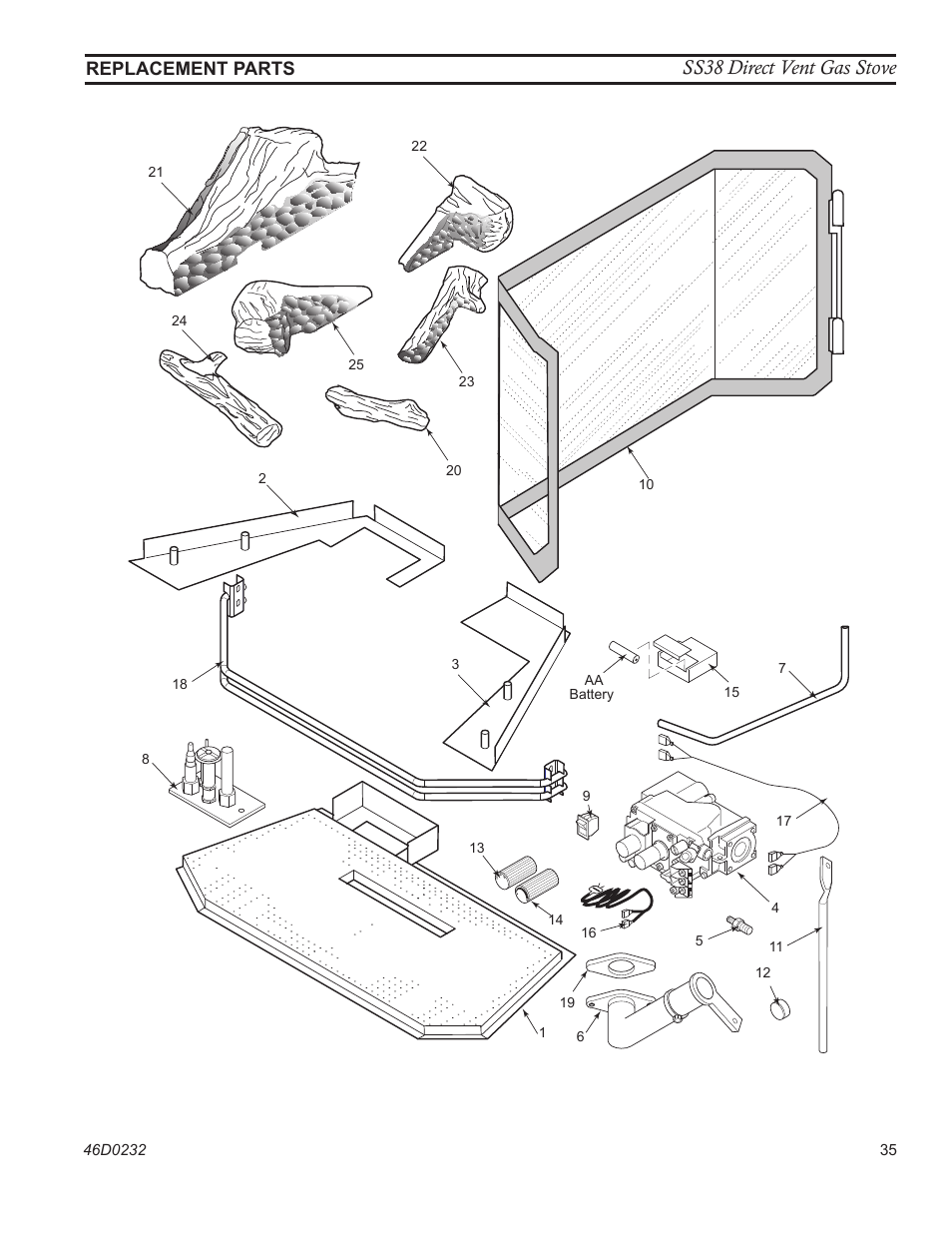 Ss38 direct vent gas stove, Replacement parts | Monessen Hearth SS38 User Manual | Page 35 / 40