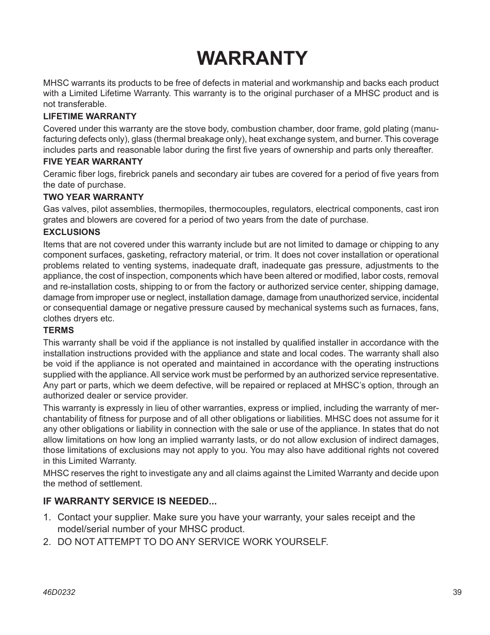 Warranty | Monessen Hearth SS38 User Manual | Page 39 / 40
