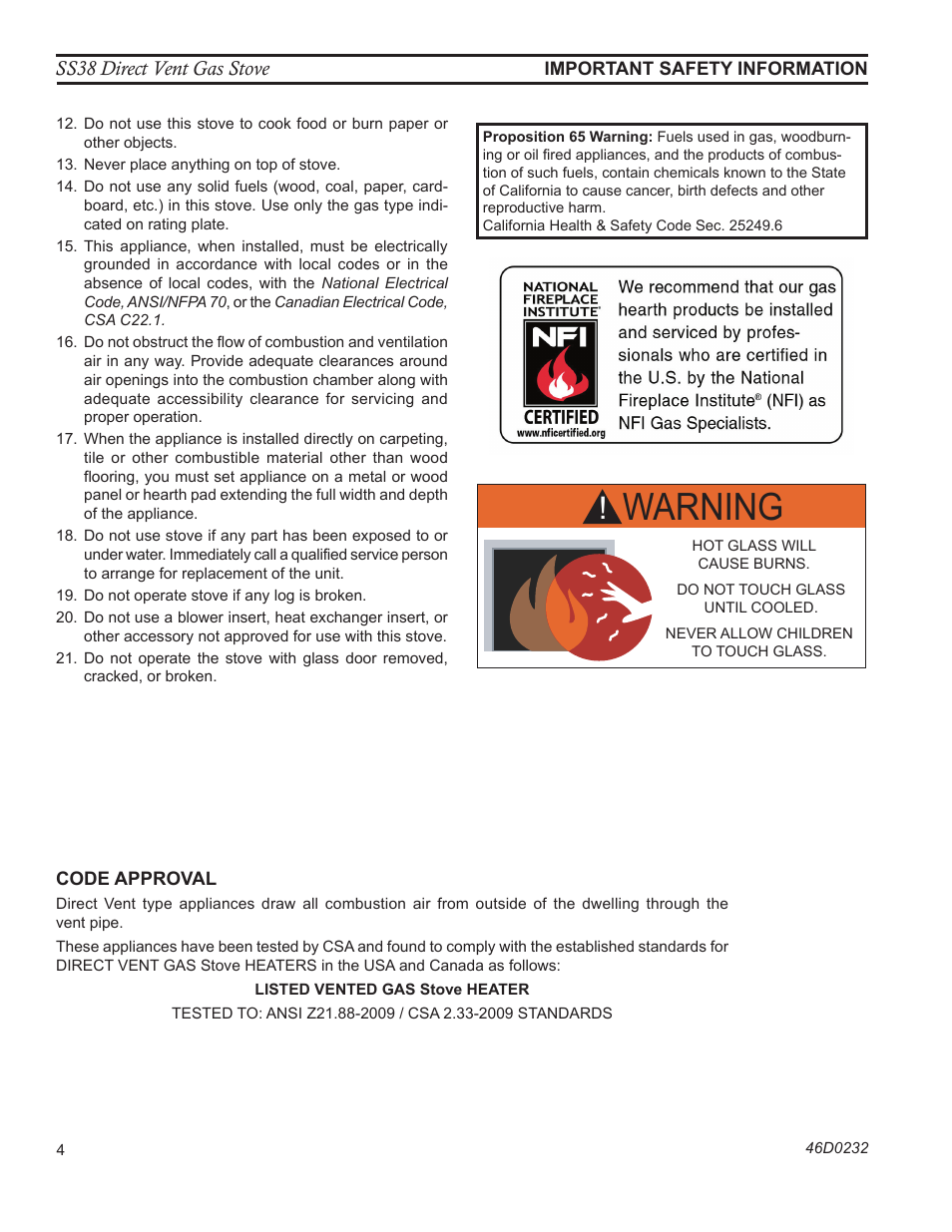 Warning, Ss38 direct vent gas stove | Monessen Hearth SS38 User Manual | Page 4 / 40