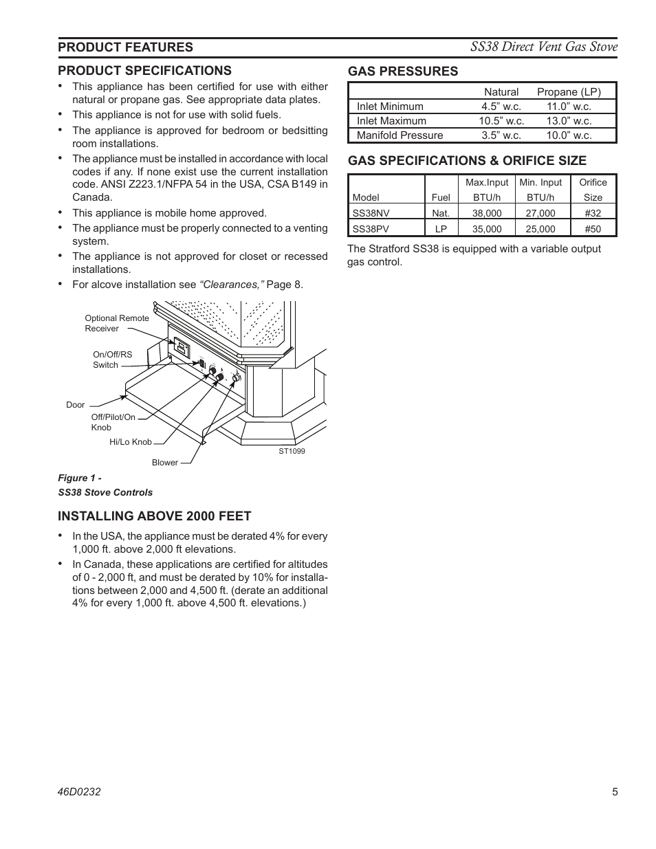 Ss38 direct vent gas stove, Product features product specifications, Installing above 2000 feet | Gas pressures, Gas specifications & orifice size | Monessen Hearth SS38 User Manual | Page 5 / 40
