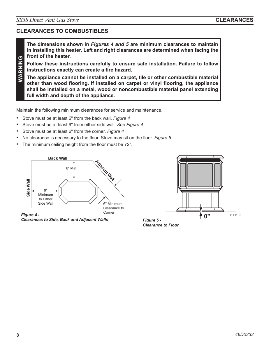 St1102 floor clearance, Ss38 direct vent gas stove | Monessen Hearth SS38 User Manual | Page 8 / 40