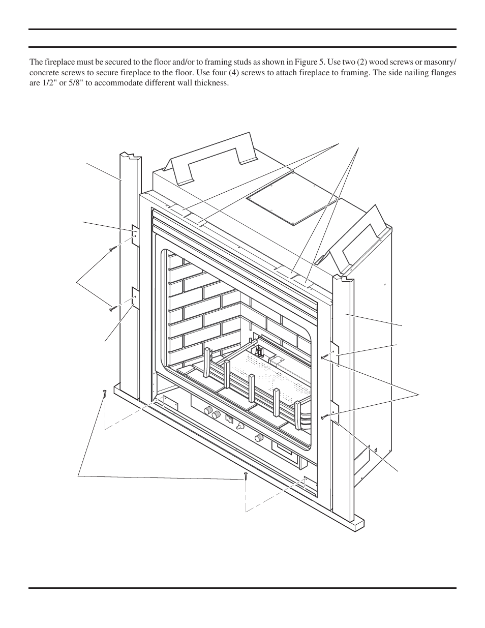 Securing fireplace to floor or framing | Monessen Hearth Direct Vent Gas Fireplace BDV500 User Manual | Page 11 / 52