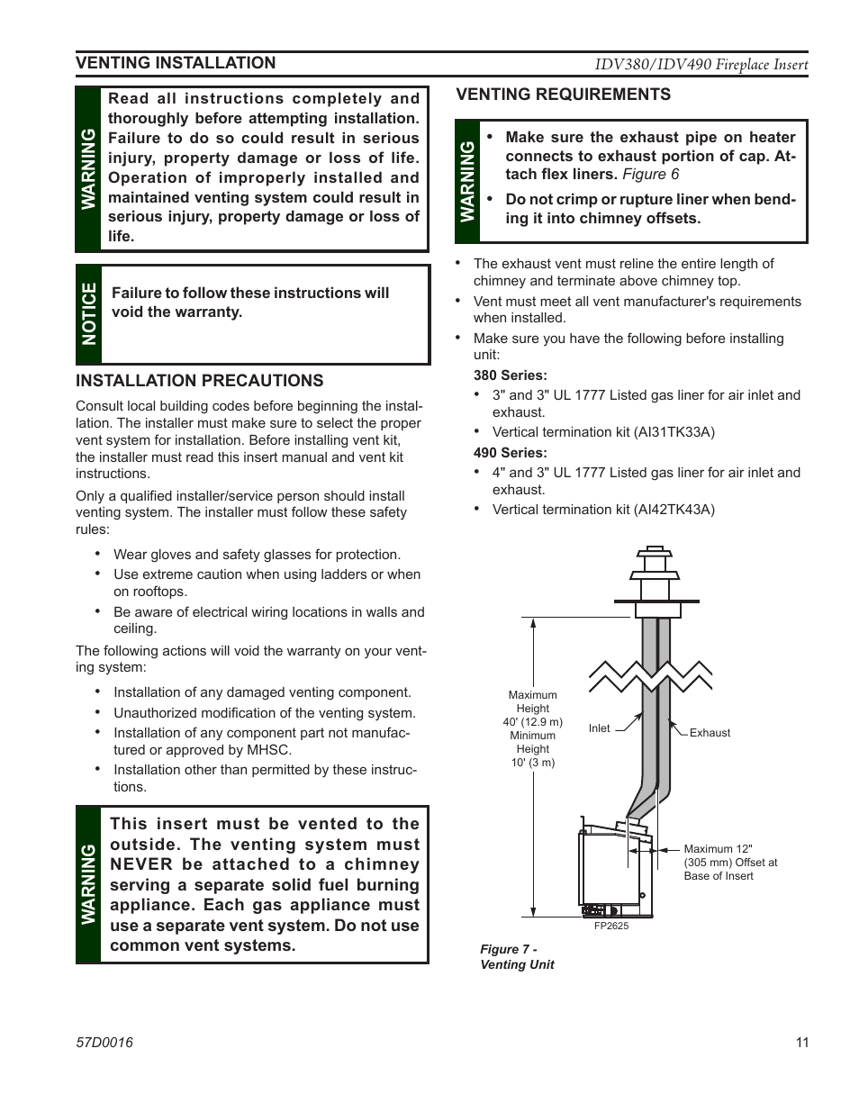 Fp2625 typical venting, Warn ing | Monessen Hearth IDV SERIES IDV380NVC User Manual | Page 11 / 40