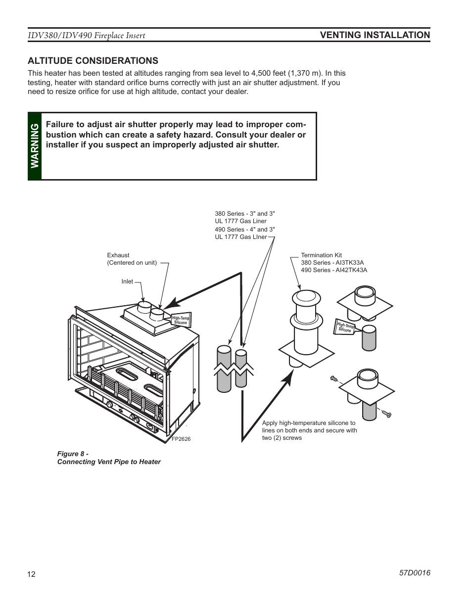 Fp2626 connect exhaust pipe, Warn ing, Venting installation altitude considerations | Monessen Hearth IDV SERIES IDV380NVC User Manual | Page 12 / 40