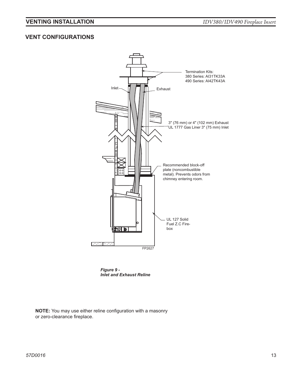 Venting installation vent configurations, Fp2627 inlet exhaust reline | Monessen Hearth IDV SERIES IDV380NVC User Manual | Page 13 / 40