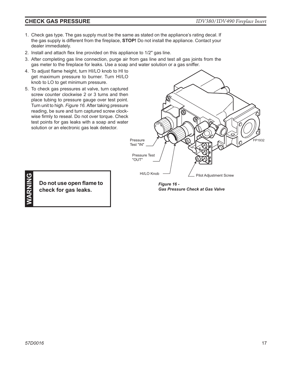 Fp1932 valve regulator with knobs, Warn ing | Monessen Hearth IDV SERIES IDV380NVC User Manual | Page 17 / 40
