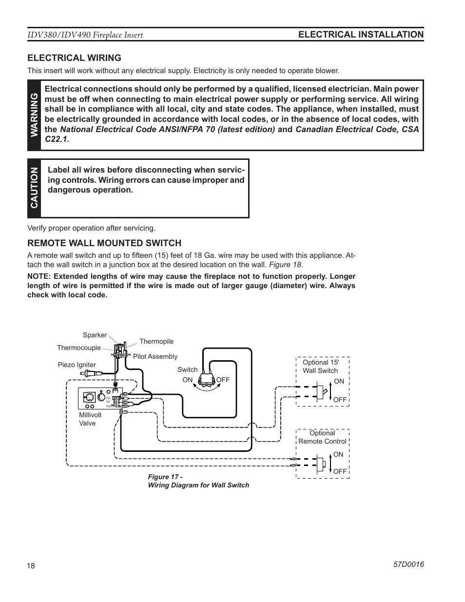 Electrical wiring, Warn ing, Ca uti on | Monessen Hearth IDV SERIES IDV380NVC User Manual | Page 18 / 40