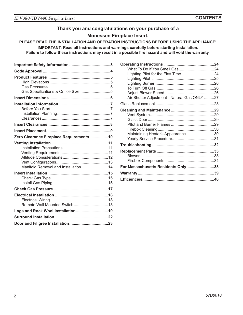Monessen Hearth IDV SERIES IDV380NVC User Manual | Page 2 / 40