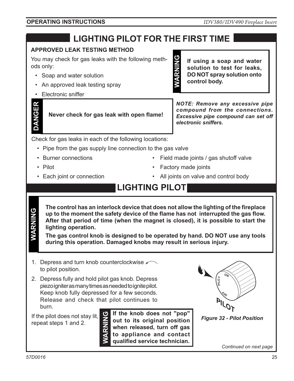 Lighting pilot, Lighting pilot for the first time, Pilot | Monessen Hearth IDV SERIES IDV380NVC User Manual | Page 25 / 40