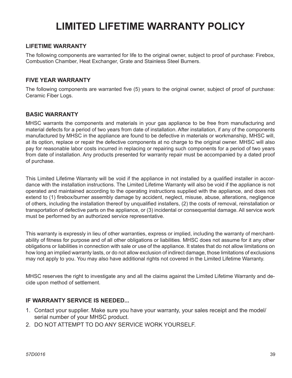 Limited lifetime warranty policy | Monessen Hearth IDV SERIES IDV380NVC User Manual | Page 39 / 40