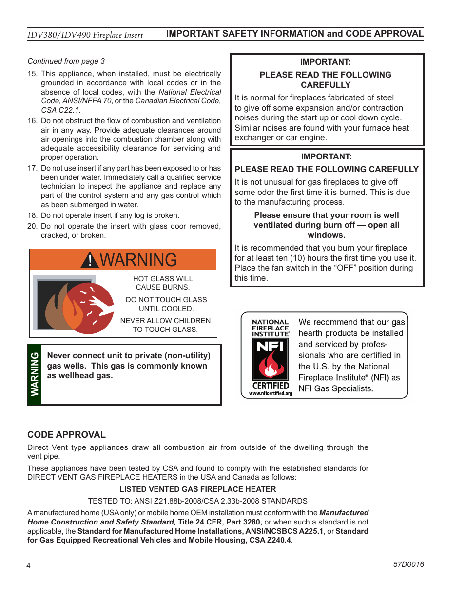 Warning | Monessen Hearth IDV SERIES IDV380NVC User Manual | Page 4 / 40
