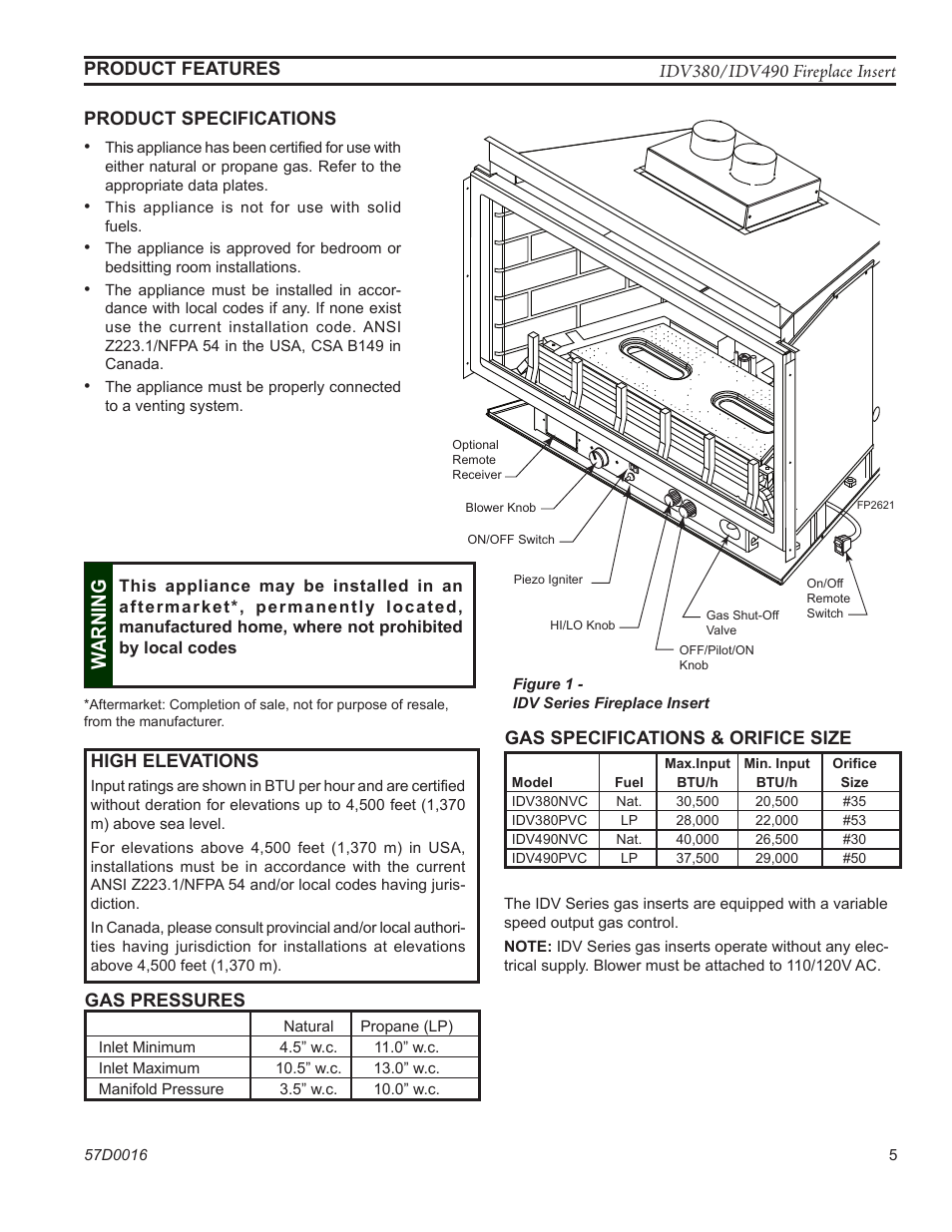 Fp2621 idv controls, Warn ing | Monessen Hearth IDV SERIES IDV380NVC User Manual | Page 5 / 40