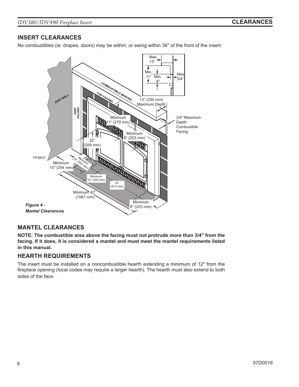 Mantel clearances, Hearth requirements | Monessen Hearth IDV SERIES IDV380NVC User Manual | Page 8 / 40