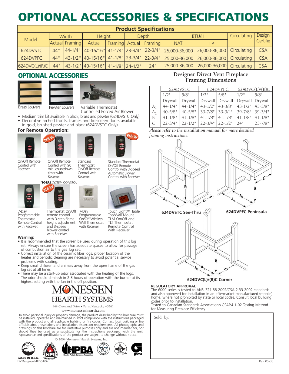 Optional accessories & specifications, Optional accessories, Product specifications | Designer direct vent fireplace framing dimensions | Monessen Hearth 624DVPFC User Manual | Page 4 / 4
